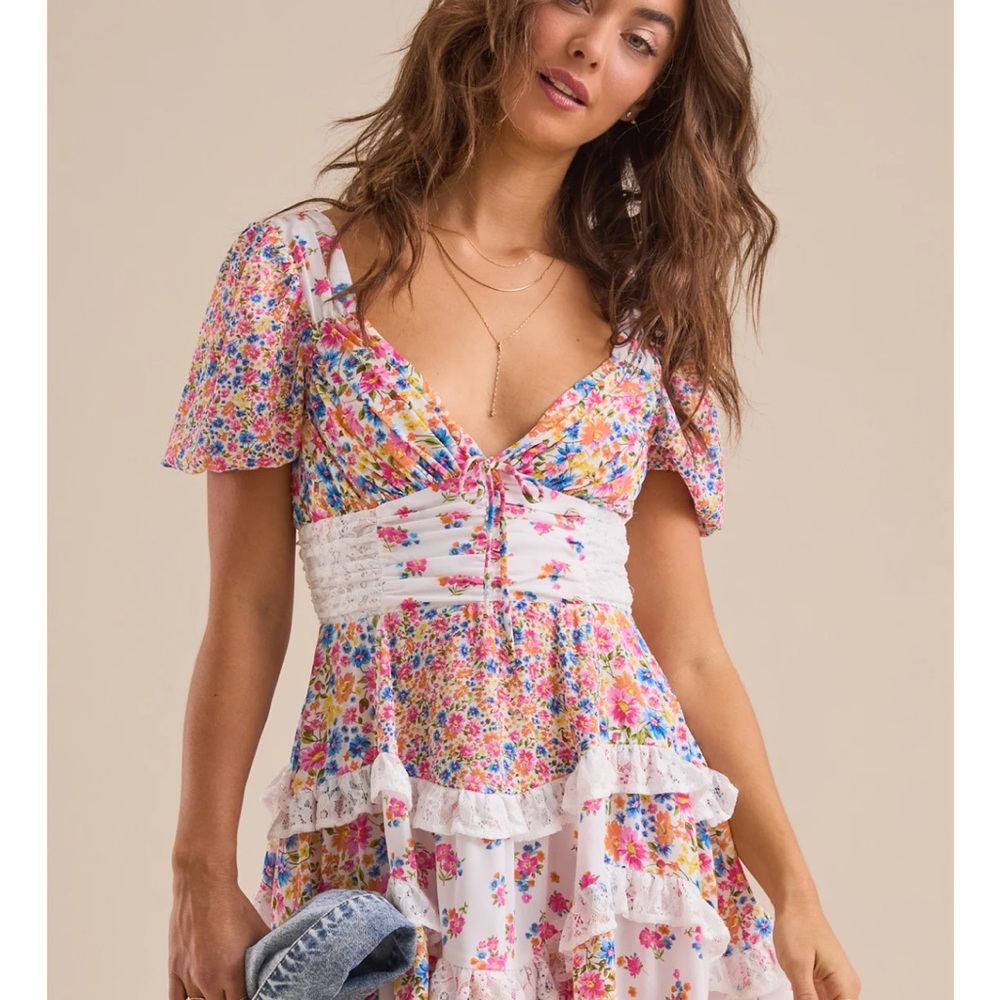 Floral Ruffle Dress with Lace Details